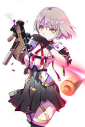  choker commentary female girls&#039;_frontline gloves grey_hair gun kaltoma kriss_vector looking_at_viewer necktie shell_casing short_hair simple_background skirt solo submachine_gun vector_(girls&#039;_frontline) weapon 