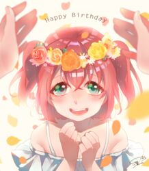  :d birthday clenched_hands commentary_request crossed_bangs dress english_text female green_eyes hair_between_eyes happy_birthday head_wreath kurosawa_ruby looking_at_viewer love_live! love_live!_sunshine!! open_mouth petals pov red_hair shima_(mahirooon) short_hair signature smile solo_focus two_side_up white_dress 