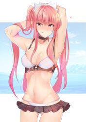  armpits arms_up ashino bare_arms bikini black_choker blue_sky blunt_bangs blush breasts choker closed_mouth commentary_request cowboy_shot day fate/grand_order fate_(series) female frills heart long_hair looking_at_viewer medb_(fate) medb_(swimsuit_saber)_(fate) medb_(swimsuit_saber)_(second_ascension)_(fate) medium_breasts navel ocean outside_border pink_hair sidelocks skindentation sky solo standing stomach swimsuit tiara tongue tongue_out twintails very_long_hair white_bikini yellow_eyes 