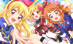  3girls :d aikatsu! aikatsu!_(series) aikatsu_stars! bad_id bad_pixiv_id blonde_hair blue_jacket blush bow brown_hair check_commentary commentary_request gradient_hair hairband hairbow happy highres hoshimiya_ichigo jacket long_hair long_sleeves looking_at_viewer multicolored_hair multiple_girls nijino_yume open_mouth outstretched_arm ozora_akari pink_bow pink_eyes pink_hair rainbow red_bow red_jacket s4_uniform school_uniform sekina skirt smile socks standing starlight_academy_school_uniform twintails 