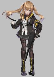  armband boots brown_eyes brown_hair commentary cross-laced_footwear female fingerless_gloves full_body girls&#039;_frontline gloves grey_background gun h&amp;k_ump heckler_&amp;_koch highres hood hoodie jacket knee_pads lace-up_boots long_hair miniskirt pantyhose pirapirapirapira pleated_skirt scarf shirt simple_background skirt solo submachine_gun twintails ump9_(girls&#039;_frontline) weapon yellow_armband 