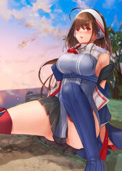  ahoge american_flag american_flag_print asymmetrical_legwear azur_lane bad_anatomy black_skirt blue_thighhighs blush boots breasts brown_hair cliff cloud cloudy_sky coat commentary_request day female flag_print gloves grass hairband hand_on_own_chest high_collar highres independence_(azur_lane) kelly_0w0 large_breasts lips long_hair looking_at_viewer miniskirt mole mole_on_shoulder mole_on_thigh ocean off_shoulder outdoors parted_lips pleated_skirt red_eyes red_gloves ribbed_legwear sideboob sitting skirt sky sleeveless solo tareme taut_clothes thigh_boots thighhighs thighs tree uneven_legwear 