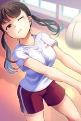  3; abiko_yuuji bad_id bad_pixiv_id black_eyes black_hair blurry blurry_background breasts closed_mouth collarbone commentary_request female gym_shorts gym_uniform highres light_particles long_hair medium_breasts one_eye_closed original red_shorts shirt short_sleeves shorts single_tear solo twintails volleyball white_shirt 