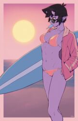  artist_name bikini black_hair breasts collarbone colored_skin commentary female food food_in_mouth hand_in_pocket highres holding holding_surfboard horns ittla jacket looking_away medium_breasts mouth_hold navel orange_bikini orange_eyes original pointy_ears popsicle profile purple_skin short_hair side-tie_bikini_bottom skin-covered_horns slit_pupils solo stomach sun sunglasses surfboard swimsuit thick_eyebrows ume_(ittla) 