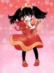  ashley_(warioware) black_hair black_legwear blue_eyes blush_stickers commentary_request demon demon_tail dress female finger_to_mouth hair_ornament horns long_hair maaya_(ayahara1987) magic pantyhose red_(warioware) red_eyes standing tail twintails very_long_hair wand warioware 