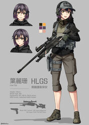  :d baseball_cap black_hair black_jacket blaser_r93 bolt_action brown_eyes brown_footwear brown_shorts chinese_commentary color_guide commentary_request ear_protection english_text female gloves gradient_hair green_gloves grey_background grey_headwear gun hair_between_eyes handgun hat headset highres holding holding_gun holding_weapon jacket lisa_yip long_sleeves looking_at_viewer multicolored_hair multiple_views ndtwofives oerba_yun_fang open_mouth original partially_fingerless_gloves purple_hair rifle scope shoes shorts sig_p220/p226 sig_sauer smile sneakers sniper_rifle v-shaped_eyebrows weapon 