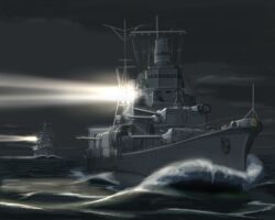  anchor anti-aircraft_gun aoba_(cruiser) artillery commentary_request cruiser highres imperial_japanese_navy kikumon military military_vehicle night night_sky no_humans ocean original railing range_finder searchlight ship shiro_yukimichi sky turret wake warship water watercraft waves world_war_ii 