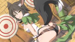  animal_ears archer ass black_hair foxgirl game_cg gloves panties sakura_dungeon short_hair tail torn_clothes underwear wanaca winged_cloud yellow_eyes 