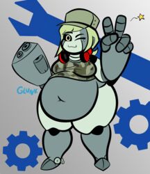  belly belly_overhang big_belly blonde_hair breasts clothing colored derpaggedon electronics female gesture grey_body grey_skin gun hair hand_gesture hat headgear headphones headwear humanoid looking_at_viewer machine navel not_furry one_eye_closed overweight overweight_female overweight_humanoid plantigrade ranged_weapon robot robot_humanoid sine solo standing thick_thighs v_sign weapon wide_hips wink 