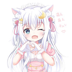  ;d animal_ear_fluff animal_ears blue_eyes blush breasts cat_ears collar collarbone commentary crescent crescent_hair_ornament detached_collar dress female flower gloves hair_between_eyes hair_ornament hairclip heart heart_hands long_hair oerba_yun_fang one_eye_closed open_mouth original pink_dress puffy_short_sleeves puffy_sleeves red_flower red_rose rose satori_(ymoy) short_sleeves simple_background skin_fang small_breasts smile solo star_(symbol) star_hair_ornament translated upper_body very_long_hair white_background white_collar white_gloves white_hair 