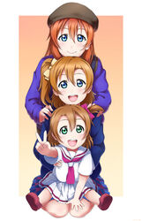  3girls absurdres age_difference alternate_universe beret blue_eyes brown_hair commentary female_singer_(love_live!) green_eyes hat highres in-franchise_crossover kosaka_honoka lineup love_live! love_live!_school_idol_project love_live!_sunshine!! love_live!_the_school_idol_movie multiple_girls one_side_up open_mouth orange_hair otonokizaka_school_uniform photoshop_(medium) school_uniform serafuku shiimai short_hair trait_connection uranohoshi_school_uniform v 