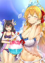  2girls :t ^^^ ahoge animal animal_ear_fluff animal_ears ass_visible_through_thighs bare_arms bare_shoulders beach bikini bird black_hair blush bow braid breast_envy breasts cat_ears cat_girl cleavage closed_eyes closed_mouth cloud collarbone commentary day facing_viewer food foodgasm green_eyes groin hair_ribbon hairbow halterneck highres holding holding_food holding_spoon karyl_(princess_connect!) karyl_(summer)_(princess_connect!) large_breasts long_hair low_twintails multicolored_hair multiple_girls navel notice_lines ocean open_mouth orange_hair outdoors paw_ornament pecorine_(princess_connect!) pecorine_(summer)_(princess_connect!) princess_connect! purple_bikini purple_bow red_ribbon ribbon shaded_face shaved_ice shiny_skin shitou_(1992116210) side-tie_bikini_bottom small_breasts smile spoon standing streaked_hair swimsuit tareme tiara twintails very_long_hair white_bikini white_hair 