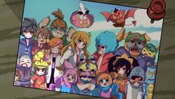  18-volt 5-volt 9-volt ana_(warioware) ashley_(warioware) commentary_request dr._crygor dribble_(warioware) everyone fronk herunia_kokuoji heterochromatic_eyewear jimmy_t kat_(warioware) lulu_(warioware) master_mantis mike_(warioware) mona_(warioware) orbulon penny_crygor photo_(object) pushpin red_(warioware) spitz wario warioware young_cricket 