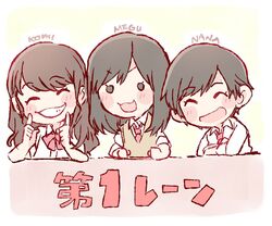  3girls :d ^_^ akb48 black_eyes black_hair bow bowtie character_name chibi closed_eyes collared_shirt commentary_request elbows_on_table fingers_to_cheeks grin komiyama_haruka multiple_girls o_o okada_nana open_mouth real_life red_bow red_bowtie shirt smile sweater_vest taneda_yuuta taniguchi_megu translation_request v-shaped_eyebrows white_shirt 