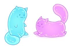  3:2 :3 ambiguous_gender blue_body duo featureless_crotch featureless_limbs felid feline feral goo_creature hazepages mammal pink_body simple_background smile whiskers white_background 