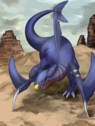  2018 3:4 ambiguous_gender detailed_background feral garchomp generation_4_pokemon kadomarco nintendo open_mouth outside pokemon pokemon_(species) solo tail teeth 