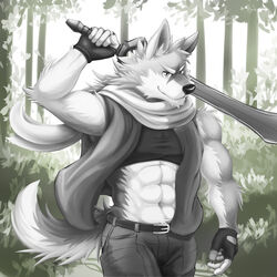  1:1 2017 abs absurd_res anthro belt biceps black_nose canid canine canis clothing digital_media_(artwork) fur hi_res kemono male mammal melee_weapon muscular muscular_anthro muscular_male outside pecs scarf solo sword tupidwithouts weapon wolf 