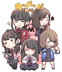  &gt;:( 5girls ^_^ akb48 black_gloves black_hair black_legwear black_neckerchief black_serafuku black_shirt black_skirt blue_gloves blue_jacket blush_stickers brown_hair chibi clenched_hands closed_eyes commentary_request fingerless_gloves gloves half_updo iriyama_anna jacket kawaei_rina kizaki_yuria kneehighs long_hair looking_at_viewer majisuka_gakuen multiple_girls neckerchief own_hands_together pink_jacket pleated_skirt purple_jacket red_jacket red_neckerchief school_uniform serafuku shimazaki_haruka shirt sidelocks sitting skirt smile socks sparkle squiggle taneda_yuuta v-shaped_eyebrows wavy_mouth yokoyama_yui 