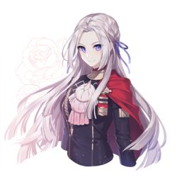  ascot bad_id bad_twitter_id blonde_hair blue_eyes blue_ribbon cape closed_mouth commentary_request edelgard_von_hresvelg female fire_emblem fire_emblem:_three_houses garreg_mach_monastery_uniform hair_ribbon korean_commentary long_hair red_cape ribbon simple_background smile solo srb7606 uniform upper_body white_background 