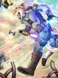  2018 absurd_res anthro armor battle claws digital_media_(artwork) electricity felid fight forced fuzzycoma hair hi_res holding_object hybrid jedi laser liger lightsaber lion male mammal melee_weapon open_mouth pantherine purple_lightsaber reverse_grip solo star_wars teeth text tie_fighter tygrus url vehicle weapon 