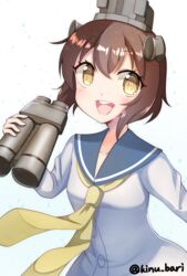  binoculars blue_sailor_collar brown_eyes brown_hair commentary_request dress female headgear kantai_collection kinubari_nerune looking_at_viewer neckerchief one-hour_drawing_challenge open_mouth round_teeth sailor_collar sailor_dress short_hair simple_background smile solo speaking_tube_headset teeth twitter_username upper_body upper_teeth_only white_background yellow_neckerchief yukikaze_(kancolle) 