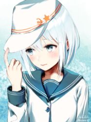  alternate_hairstyle bad_id bad_pixiv_id blue_eyes blue_hair blush dated female hat hibiki_(kancolle) kantai_collection kodama_(wa-ka-me) school_uniform serafuku short_hair solo twitter_username verniy_(kancolle) 