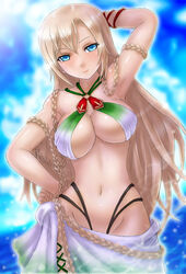  armpits bikini blonde_hair blue_background blue_eyes blush boken_fantasy bracelet braid breasts cleavage closed_mouth commentary_request female hair_between_eyes hand_on_own_hip highleg highleg_panties highres hip_focus jewelry long_hair looking_at_viewer medium_breasts navel ocean panties side-tie_bikini_bottom smile sofia_luna_canales solo soukai_no_privateer standing swimsuit towel underwear very_long_hair 