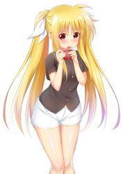  black_shirt blonde_hair blush box breasts closed_mouth commentary fate_testarossa female fingernails gift gift_box hair_between_eyes hair_ribbon hand_up heart-shaped_box highres holding holding_gift long_hair lyrical_nanoha mahou_shoujo_lyrical_nanoha red_eyes ribbon shirt short_shorts short_sleeves shorts sidelocks simple_background small_breasts smile solo twintails very_long_hair white_background white_ribbon white_shorts yuunagi_(0217) 