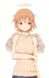  alternate_costume angel angel_wings bad_id bad_pixiv_id brown_eyes brown_hair commentary denim feathered_wings female haibane_renmei halo highres jeans messy_hair pants rakka_(haibane) rei_oe ribbed_sweater short_hair sleeveless sleeveless_turtleneck solo static_cling sweater turtleneck turtleneck_sweater wings 