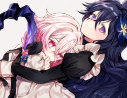  2girls bare_shoulders black_bow black_dress black_hair blue_flower bow closed_mouth commentary daydreamer_(elsword) dress dutch_angle elsword flower grey_background hair_between_eyes hair_flower hair_ornament hand_up juliet_sleeves laby_(elsword) long_hair long_sleeves looking_at_viewer maid multiple_girls nisha_(elsword) nisha_labyrinth_(elsword) paraffin pink_eyes pink_hair puffy_sleeves purple_eyes simple_background smile tears very_long_hair white_dress 