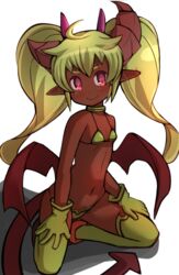  :&gt; ahoge asymmetrical_horns bare_arms bare_shoulders big_hair bikini blonde_hair blush breasts brown_footwear brown_horns brown_tail brown_wings cleavage closed_mouth collarbone commentary_request dark-skinned_female dark_skin demon_girl demon_horns demon_tail demon_wings female garoudo_(kadouhan&#039;i) gloves groin head_tilt horns kneeling long_hair looking_at_viewer multiple_horns navel original petite pink_eyes pink_horns pointy_ears simple_background small_breasts smile solo string_bikini swimsuit tail thighhighs twintails uneven_horns very_long_hair wavy_hair white_background wings yellow_bikini yellow_gloves yellow_thighhighs 