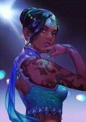  aqua_nails backlighting black_hair brown_eyes commentary_request dark-skinned_female dark_skin earrings eyeshadow female figure_skater_symmetra finger_to_own_chin forehead_jewel hage2013 hair_bun jewelry lips lipstick looking_at_viewer looking_back makeup nail_polish nose overwatch overwatch_1 purple_lips simple_background single_hair_bun solo spotlight symmetra_(overwatch) upper_body 