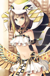  armlet arms_behind_back bad_id bad_pixiv_id bare_shoulders brown_hair character_request commentary_request female green_eyes hat jewelry looking_at_viewer lord_of_vermilion lord_of_vermilion_iii midriff miniskirt navel necklace pelvic_curtain photoshop_(medium) short_hair skirt solo strapless tube_top veil white_hat white_skirt yue_(lov_n_n) 