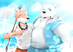  2016 anthro beach bear belly black_nose blue_eyes bottomwear canid canine canis clothing domestic_dog duo fur hi_res humanoid_hands male mammal navel nazimi00 one_eye_closed overweight overweight_male polar_bear seaside shirane_kan shirt shorts teeth topwear ursine utau water white_body white_fur wink 