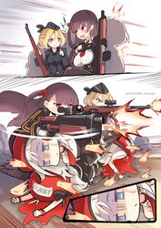  beret blood brown_hair bullpup commentary empty_eyes firing g43_(girls_frontline) girls_frontline gun hair_ribbon hat highres human_shield long_hair mp5_(girls_frontline) multiple_girls multiple_persona necktie phandit_thirathon ribbon rifle scope side_ponytail sniper_rifle wa2000_(girls_frontline) walther walther_wa_2000 weapon white_hair 