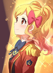  aikatsu!_(series) aikatsu_stars! bad_id bad_pixiv_id badge blonde_hair blue_bow blue_bowtie blush bow bowtie brown_eyes closed_mouth commentary_request epaulettes eyelashes female from_side gradient_hair hairbow highres jacket lens_flare long_sleeves looking_up multicolored_hair nijino_yume pink_bow pink_hair red_jacket s4_uniform sekina smile solo sparkle spotlight twintails upper_body 