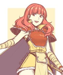  adricarra armor bandaged_arm bandages breastplate cape celica_(fire_emblem) celica_(warrior_princess)_(fire_emblem) commentary dress female fire_emblem fire_emblem_echoes:_shadows_of_valentia fire_emblem_gaiden fire_emblem_heroes highres long_hair open_mouth pelvic_curtain red_eyes red_hair shoulder_armor simple_background sleeveless solo twitter_username 