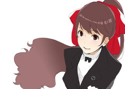  azukiko black_bow blazer bow brown_eyes brown_hair commentary female jacket lipstick makeup persona persona_5 persona_5_the_royal photoshop_(medium) ponytail simple_background smile solo tuxedo white_background yoshizawa_kasumi 