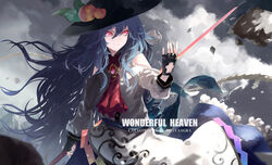  ascot black_gloves black_hat blue_hair blue_skirt clothing_cutout commentary_request cutout_gloves female fingerless_gloves floating_hair frilled_skirt frills fujinohara_akihira gloves hair_between_eyes hat hinanawi_tenshi holding holding_polearm holding_weapon long_hair pink_eyes polearm red_ascot red_eyes shirt shoulder_cutout skirt solo standing sun_hat title touhou very_long_hair weapon white_shirt 