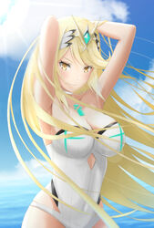  armpits arms_behind_head arms_up beach blonde_hair blue_sky blurry blurry_background breasts casual_one-piece_swimsuit character_cutout chest_jewel choker cleavage closed_mouth cloud collarbone commentary_request covered_navel cowboy_shot day depth_of_field earrings female floating_hair gem glowing hair_ornament highres hip_vent jewelry large_breasts lens_flare light_rays light_smile long_hair looking_at_viewer mebi_il medium_breasts mythra_(radiant_beach)_(xenoblade) mythra_(xenoblade) ocean one-piece_swimsuit outdoors pose ribbed_swimsuit skindentation sky smile solo standing strapless strapless_one-piece_swimsuit sunbeam sunlight swept_bangs swimsuit tiara very_long_hair water white_choker white_one-piece_swimsuit xenoblade_chronicles_(series) xenoblade_chronicles_2 yellow_eyes 