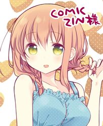  braid breasts commentary_request female green_eyes light_brown_hair open_mouth slow_start smile solo tokumi_yuiko tokura_eiko twin_braids 