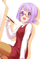  :d absurdres aikatsu!_(series) aikatsu_stars! bad_id bad_pixiv_id blush commentary_request drawing dress dutch_angle female from_side glasses hand_up highres holding holding_pencil light_purple_hair long_sleeves looking_at_viewer looking_to_the_side nanakura_koharu open_mouth orange_pantyhose pantyhose pencil pink-framed_eyewear ponytail purple_eyes red_dress sekina semi-rimless_eyewear shirt sidelocks sitting smile solo stool thighs under-rim_eyewear white_shirt 