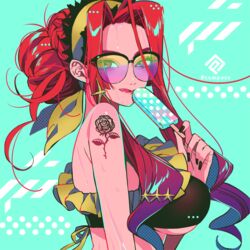  #compass :q akiakane bare_shoulders bikini black_bikini black_nails blue_background braid commentary_request female fingernails food from_side hair_bun holding looking_at_viewer looking_to_the_side nail_polish popsicle red_hair shoulder_tattoo single_hair_bun smile solo sunglasses swimsuit tattoo tongue tongue_out upper_body wet 