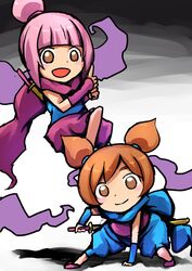  2girls ana_(warioware) brown_eyes commentary_request dai-erie highres kat_(warioware) katana lolicon looking_at_viewer multiple_girls ninja open_mouth orange_hair partial_commentary ponytail purple_hair scarf short_twintails siblings sisters smile superhero_landing sword twintails warioware weapon 