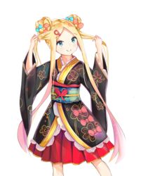  abigail_williams_(fate) absurdres alternate_costume black_kimono blonde_hair blue_bow blue_eyes blush bow closed_mouth commentary double_bun fate/grand_order fate_(series) feet_out_of_frame female forehead hair_bun hairbow highres japanese_clothes kimono long_hair long_sleeves looking_at_viewer obi orange_bow parted_bangs pleated_skirt red_skirt sash skirt smile solo standing twintails very_long_hair wide_sleeves yukaa 