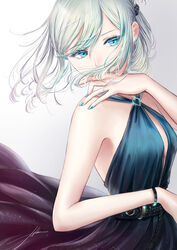  an-94_(girls&#039;_frontline) an-94_(silent_rouge)_(girls&#039;_frontline) aqua_dress aqua_eyes bad_id bad_pixiv_id bare_shoulders belt black_dress breasts covered_mouth dress ear_piercing evening_gown female filha girls&#039;_frontline gradient_dress hair_ornament halter_dress halterneck highres long_hair looking_at_viewer nail_polish official_alternate_costume piercing platinum_blonde_hair signature small_breasts solo white_background white_hair 