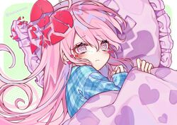  ahoge aqua_shirt broken_heart commentary crying crying_with_eyes_open female green_background hata_no_kokoro heart heart_print kyouda_suzuka long_hair lying on_side pillow pink_eyes pink_hair pink_nails plaid plaid_shirt shirt solo tears touhou under_covers upper_body x_x 