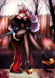  absurdres bad_id bad_pixiv_id bare_legs bench black_thighhighs blue_oath bodystocking breasts china_dress chinese_clothes cross cross_earrings cross_necklace dress earrings female gosama hand_fan hand_on_own_knee high_heels highres holding holding_fan jewelry large_breasts legs long_hair looking_at_viewer necklace on_bench red_dress red_eyes scharnhorst_(blue_oath) simple_background sitting smile solo thighhighs thighs white_hair yellow_footwear 