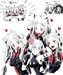  5girls ahoge animal_ears black_dress black_gloves black_necktie black_vest blush breasts cerberus_(helltaker) chika_(keiin) crossover demon_girl destroyer_(girls&#039;_frontline) dog_ears dreamer_(girls&#039;_frontline) dress elbow_gloves fangs fangs_out girls&#039;_frontline gloves heart heart_print helltaker highres long_hair looking_at_another medium_breasts multiple_girls necktie open_mouth red_eyes red_shirt sangvis_ferri shirt siblings sisters smile triplets twintails upper_body vest white_background white_hair yellow_eyes 