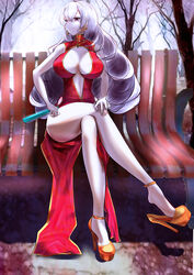  absurdres bad_id bad_pixiv_id bare_legs bench blue_oath breasts china_dress chinese_clothes cross cross_earrings cross_necklace dress earrings female gosama hand_fan hand_on_own_knee high_heels highres holding holding_fan jewelry large_breasts legs long_hair looking_at_viewer necklace on_bench red_dress red_eyes scharnhorst_(blue_oath) simple_background sitting smile solo thighs white_hair yellow_footwear 